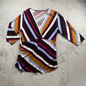 Motherhood‎ Maternity Womens 2X Top V-Neck Striped 3/4 Sleeve Ruched Side Blouse
